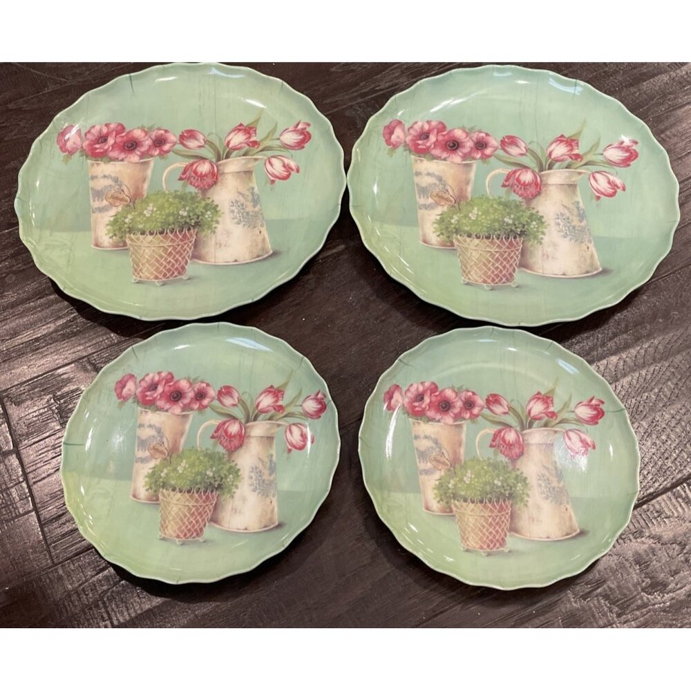 Momentum Brands Melamine Green Dessert Dinner Plates Pink Tulips Garden Set of 4
